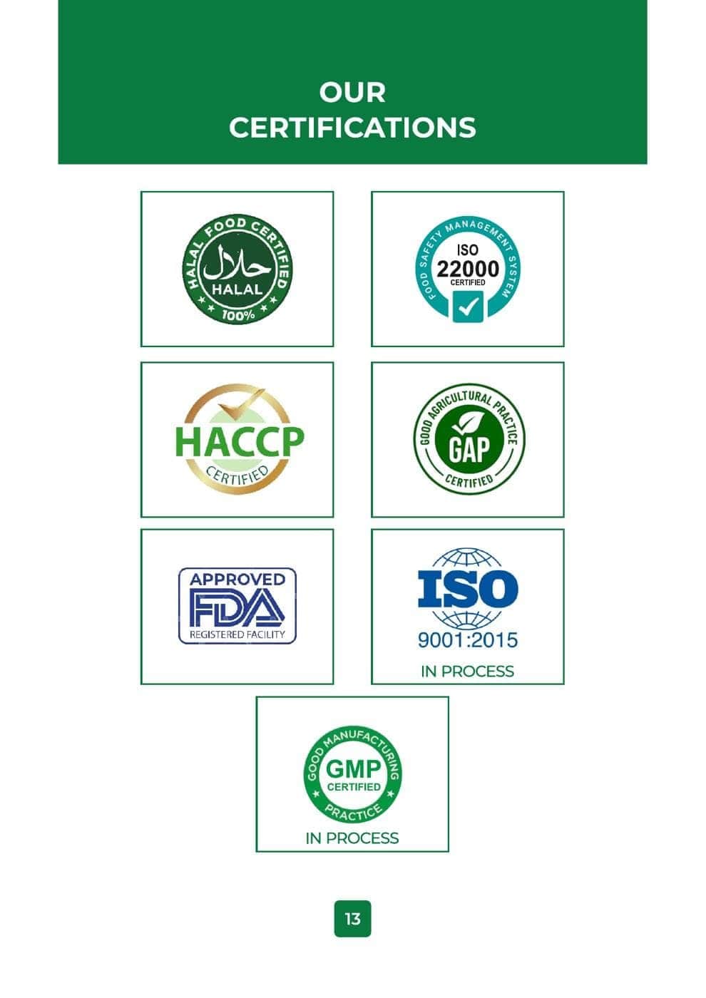 Certification page from the official Marble & Grove Foods catalogue
